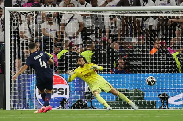 Paris Saint-Germain's Brazilian defender #04 Lucas Beraldo scores