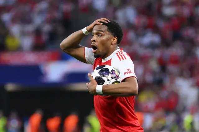 Jurrien Timber of Arsenal reacts