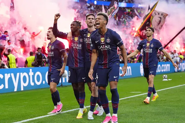 Ousmane Dembele of Paris Saint-Germain FC celebrates with team mates