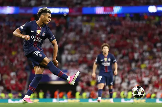 Desire Doue of Paris Saint-Germain passes the ball