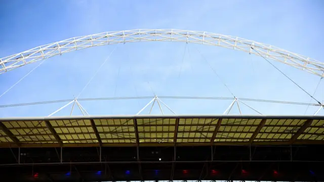 A view of the Wembley arch from pitch level.