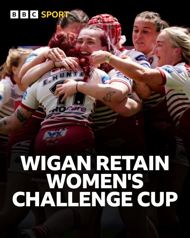 Picture of Wigan celebrating with graphic saying 'Wigan retain Women's Challenge Cup'
