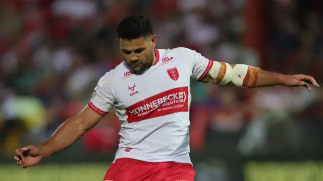 Hull Kingston Rovers' Rhyse Martin in action, kicking for goal.