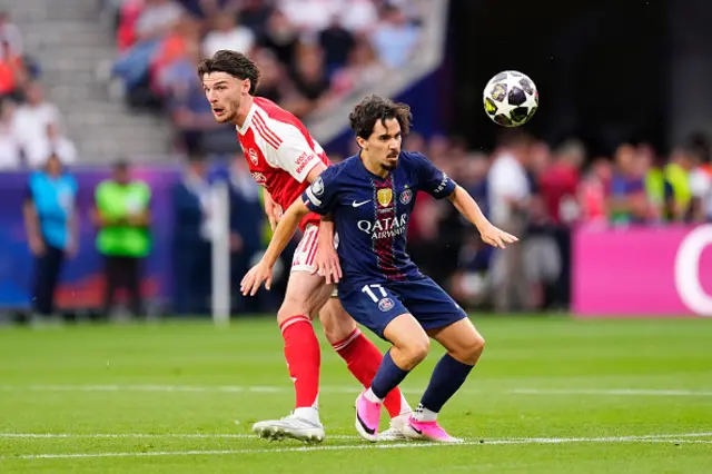 Declan Rice central midfield of Arsenal and England and Vitinha