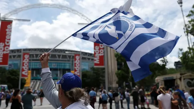 A fan of Brighton & Hove Albion waves a flag as she makes her way down Wembley Way