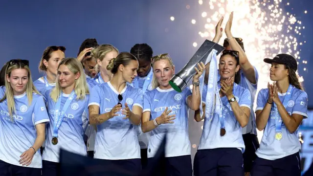 Alex Greenwood of Manchester City lifts the Women's Super League trophy during the After Party Celebration to mark the achievements of Manchester City men’s, women’s and academy teams during the 25/26 season