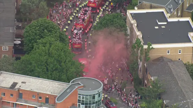 The parade buses seen from the air