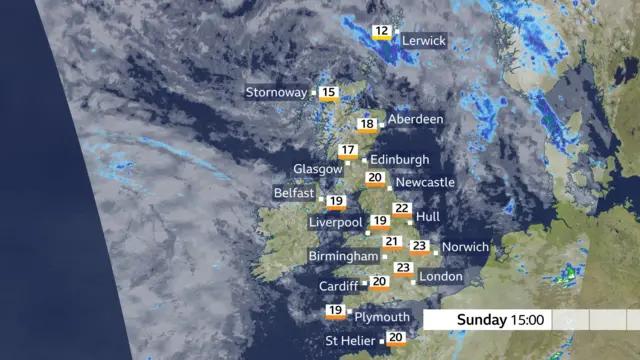 A map of the UK shows the expected cloud cover and the daily high temperatures across the country. that's 19 in plymouth, 20 in cardiff, 23 in london and norwich, 21 in birmingham, 22 in hull, 19 in liverpool and belfast, 20 in edinburgh and newcastle, 17 in glasgow, 18 in aberdeen, 15 in stornoway and 12 in lerwick,