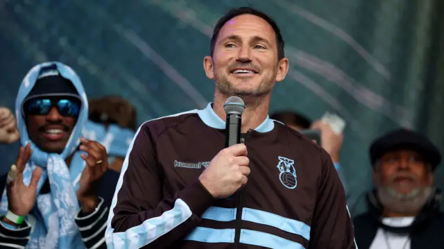 Coventry City manager Frank Lampard talks to the fans