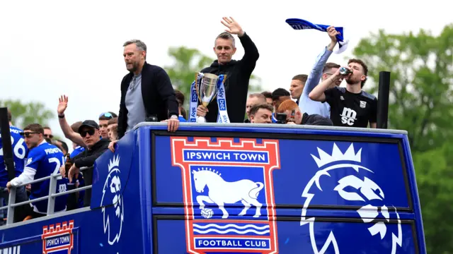 Kieran McKenna on the Ipswich Town parade bus.