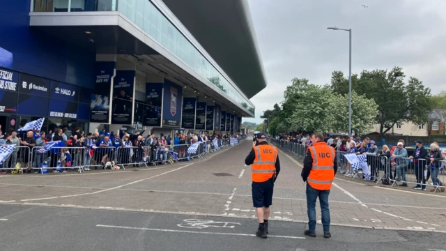 Crowds of fans outside Portman Road stadium.
