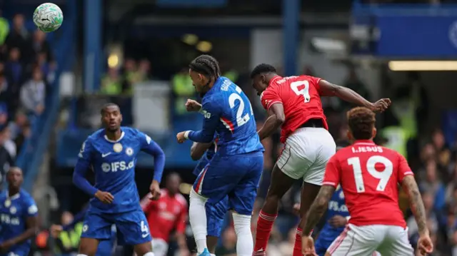 Taiwo Awoniyi heads the ball in for the team's first goal