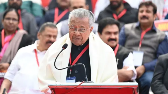 Kerala Chief Minister Pinarayi Vijayan addresses as he leads the Left Democratic Front (LDF) protest against the central government's alleged discrimination against Kerala at the Jantar Mantar in New Delhi on February 08, 2024