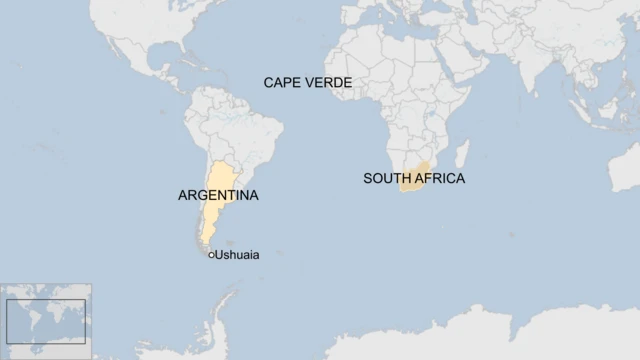 A BBC map showing where Argentina, Cape Verde and South Africa are located