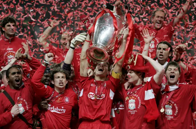 Liverpool players celebrate winning the Champions League in 2005