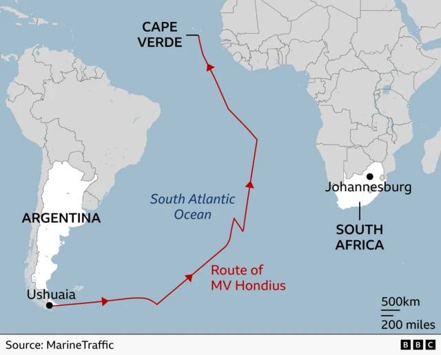 Map of the South Atlantic showing the route of the ship MV Hondius in red, travelling north from Ushuaia in southern Argentina across the ocean toward Cape Verde. South America and Africa are shown on either side, with South Africa and Johannesburg labelled. Arrows indicate the ship’s direction of travel.