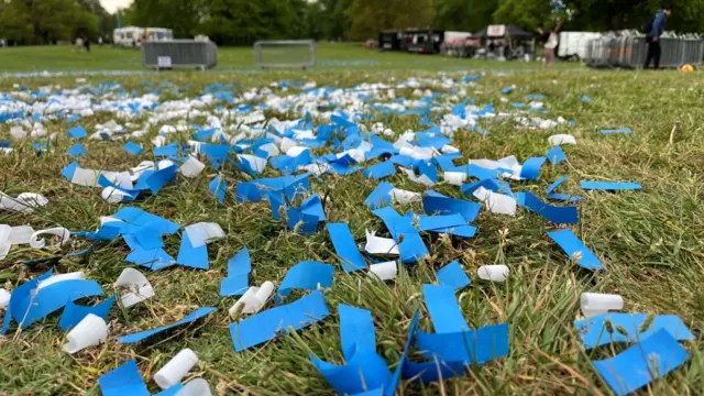 Blue and white confetti on the ground at Christchurch Park