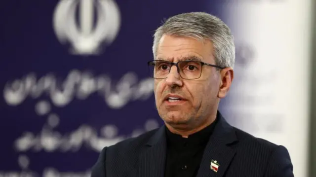 Esmail Baghaie is pictured wearing glasses and a black shirt and suit jacket. He is wearing an Iran flag pin on his left lapel.