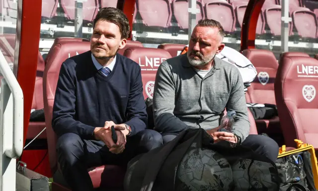 Danny Rohl sits with Kris Boyd in the Tynecastle dugout