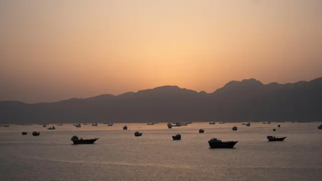 Ships in the Strait of Hormuz, seen from the coast of Oman on 1 May