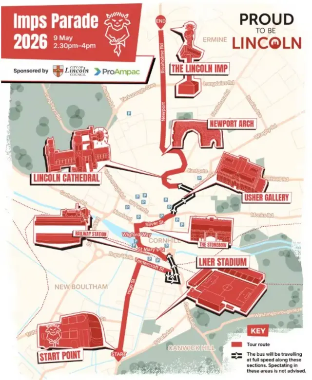 A map showing the parade route the bus will take. It has various Lincoln landmarks highlighted in red.