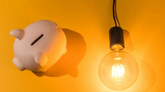 Piggy bank next to light bulb, illustrating energy costs