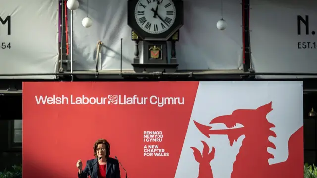 First Minister of Wales Eluned Morgan speaks during the campaign launch at Newport Market on 2 March