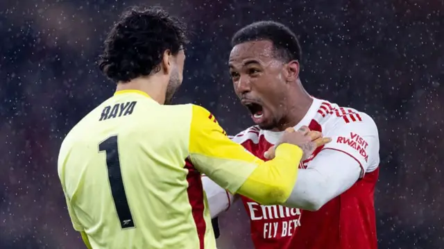 David Raya and Gabriel celebrate