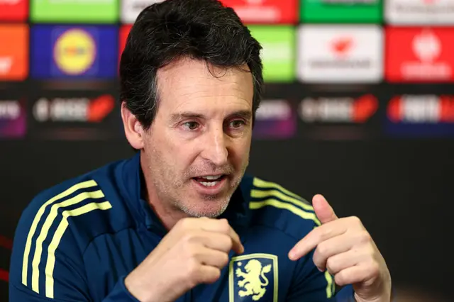 Unai Emery, Manager of Aston Villa, reacts as he speaks to the media during a Aston Villa Press Conference ahead of the UEFA Europa League 2025/26 Semi-Final First Leg against Nottingham Forest at Bodymoor Heath training ground on April 29, 2026 in Birmingham, England.