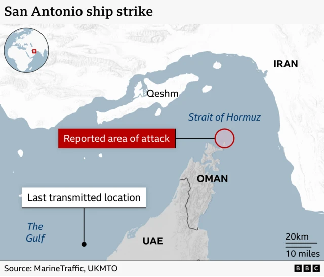 A map showing the last transmitted location of the San Antonio in the Gulf to the west of the UAE, as well as a circle to the north of Oman in the Strait of Hormuz identifying the reported area of attack