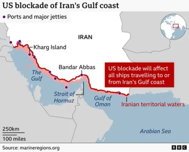 Map showing the US blockade of Iran's ports