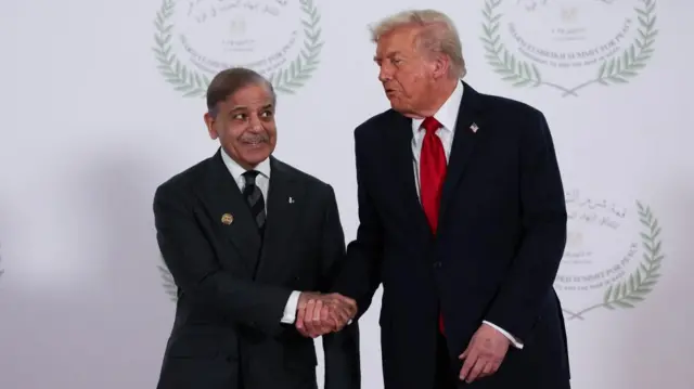 Shehbaz Sharif shakes hand with Donald Trump while standing beside him. They are both wearing dark suits, with Sharif wearing a black and grey tie and Trump wearing a red tie.