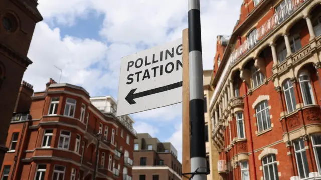A sign with polling station and an arrow written upon it with buildings in the background