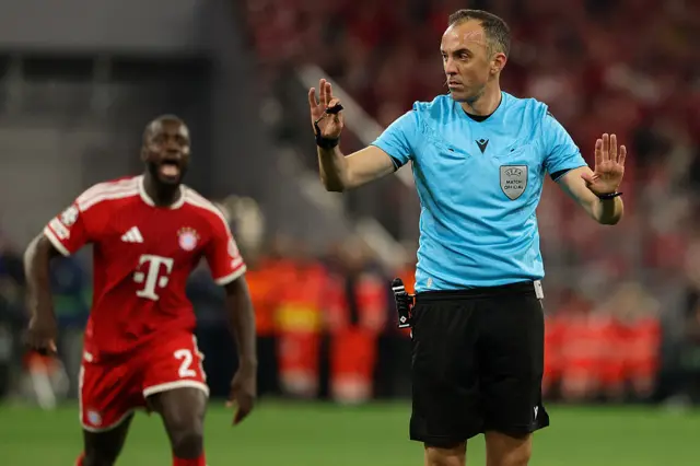Bayern Munich's French defender #02 Dayot Upamecano demands a penalty