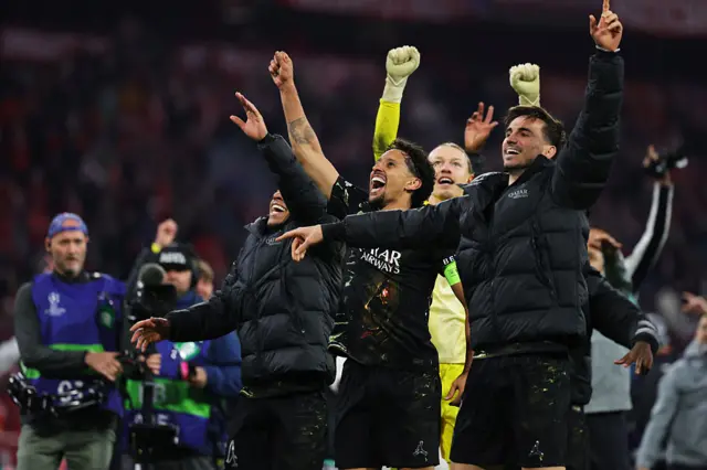 Marquinhos of Paris Saint-Germain celebrates with teammates