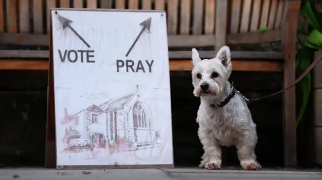 Rory the dog waits next to a sign erected outside the polling station at St James Church hall in Inverleith, Edinburgh, as voters start to cast their votes in the 2026 Holyrood elections.