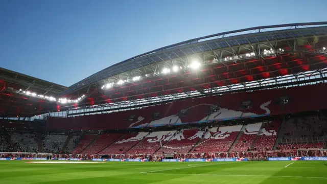 A general view of the inside of the stadium prior to the Bundesliga match between RB Leipzig and FC Bayern München at Red Bull Arena