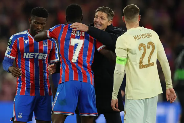 Crystal Palace manager, Oliver Glasner celebrates with Ismaïla Sarr after victory
