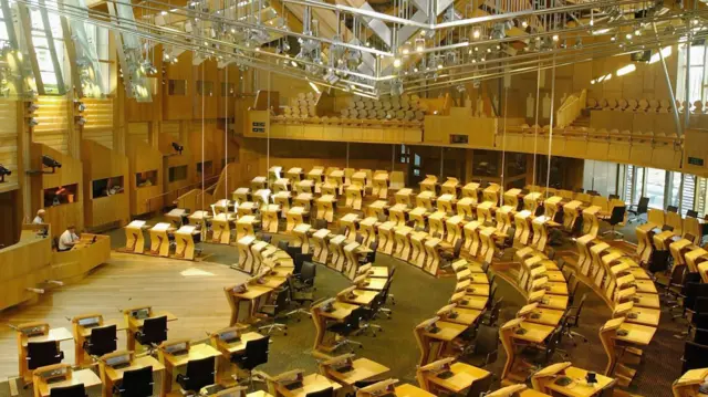 The debating chamber of the new Scottish Parliament building is pictured on August 31, 2004 at Holyrood in Edinburgh, Scotland.