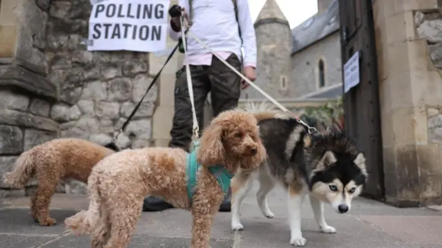 A person poses with dogs as they depart a polling station in London, 7 May 2026