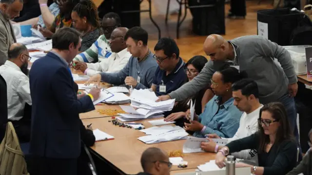 Counters at vote count in Westminster huddled around a table with white pieces of paper