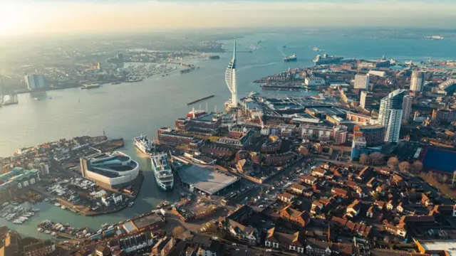 An aerial view of Portsmouth. Showing the harbour and city and the Spinnaker Tower on the waterside.