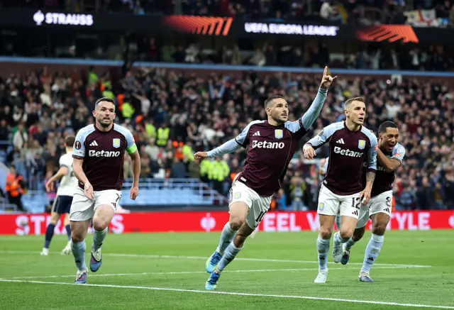 Emiliano Buendia celebrates putting Villa two up and one ahead on aggregate