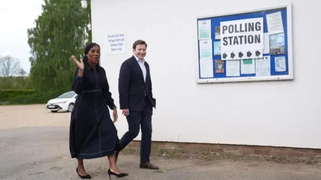 Conservative Party leader Kemi Badenoch arrives to cast her vote in the local elections at Clavering Village Hall in Saffron Walden, north west Essex. Picture date: Thursday May 7, 2026