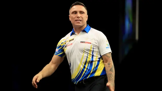 Gerwyn Price during his match against Jonny Clayton on night fourteen of the BetMGM Premier League 2026 at First Direct Bank, Leeds