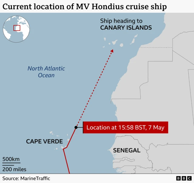 A map showing the location of the ship off Cape Verde