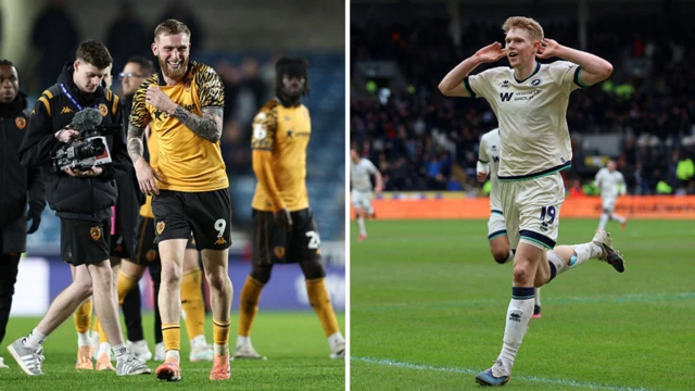 Oli McBurnie of Hull City and Josh Coburn of Millwall celebrating goals in games between the sides earlier this season