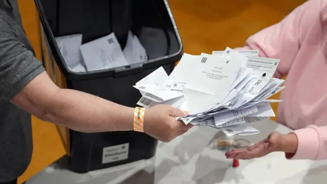 Ballot papers for Essex County Council election at Clacton Leisure Centre in Essex
