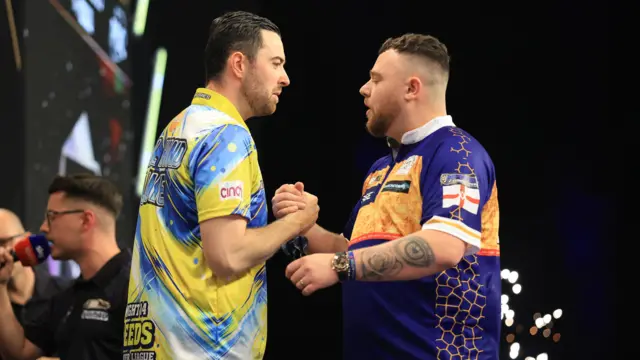 Luke Humphries after beating Josh Rock on night fourteen of the BetMGM Premier League 2026 at First Direct Bank, Leeds