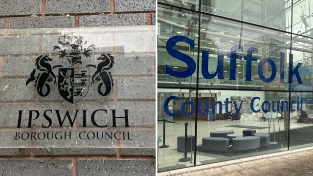 A composite image of an Ipswich Borough Council sign and a Suffolk County Council sign on the front of a glass building